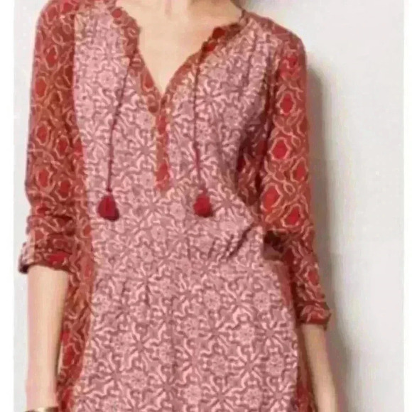 Anthropologie Akemi Kin Size S Humbolt Tunic Top Red Floral Boho Peasant Prairie - Picture 6 of 7
